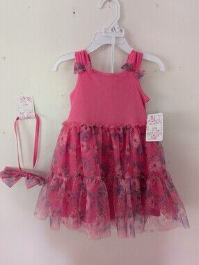 NWT Baby Girl 18M Pink Ribbed-bodice Floral Tulle Party Dress with Matching Bow
